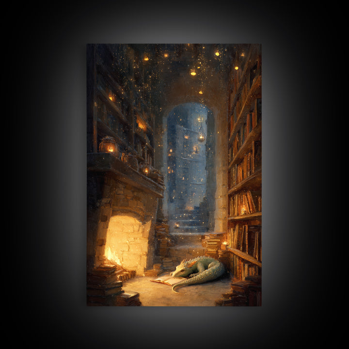 Cozy Dragon Library Fireplace Canvas Print, Fantasy Wall Art, Book Lover Decor, Dark Academia Reading Nook Home Decor Gift
