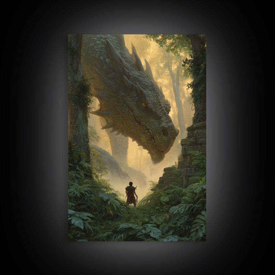 Giant Dragon In Ancient Jungle Ruins Wall Art Fantasy Canvas Print For Living Room Decor, Epic Heroic Gamer Room Gift For Him