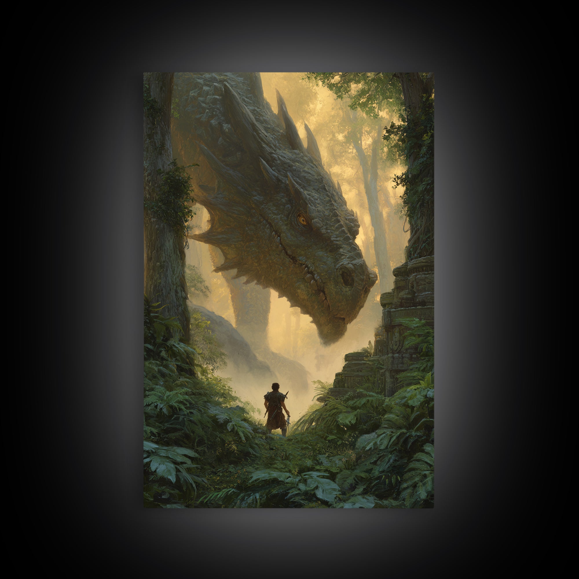 Giant Dragon In Ancient Jungle Ruins Wall Art Fantasy Canvas Print For Living Room Decor, Epic Heroic Gamer Room Gift For Him