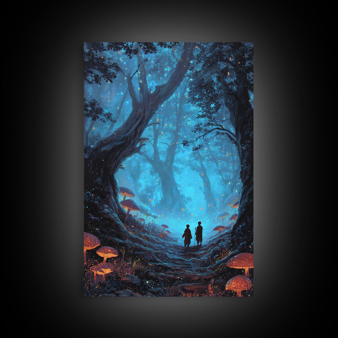 Enchanted Blue Mushroom Forest Wall Art Magical Fantasy Canvas Print For Bedroom Decor, Whimsical Fairy Tale Gift For Her