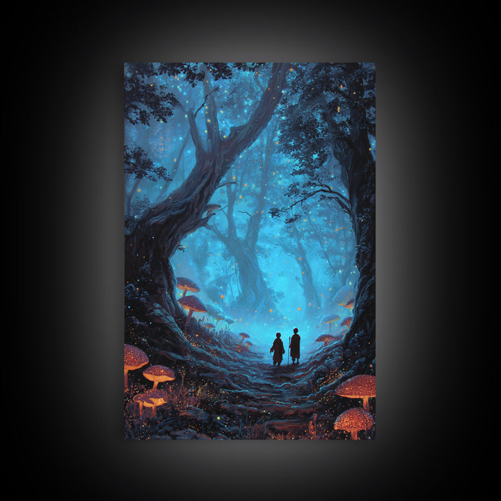 Enchanted Blue Mushroom Forest Wall Art Magical Fantasy Canvas Print For Bedroom Decor, Whimsical Fairy Tale Gift For Her