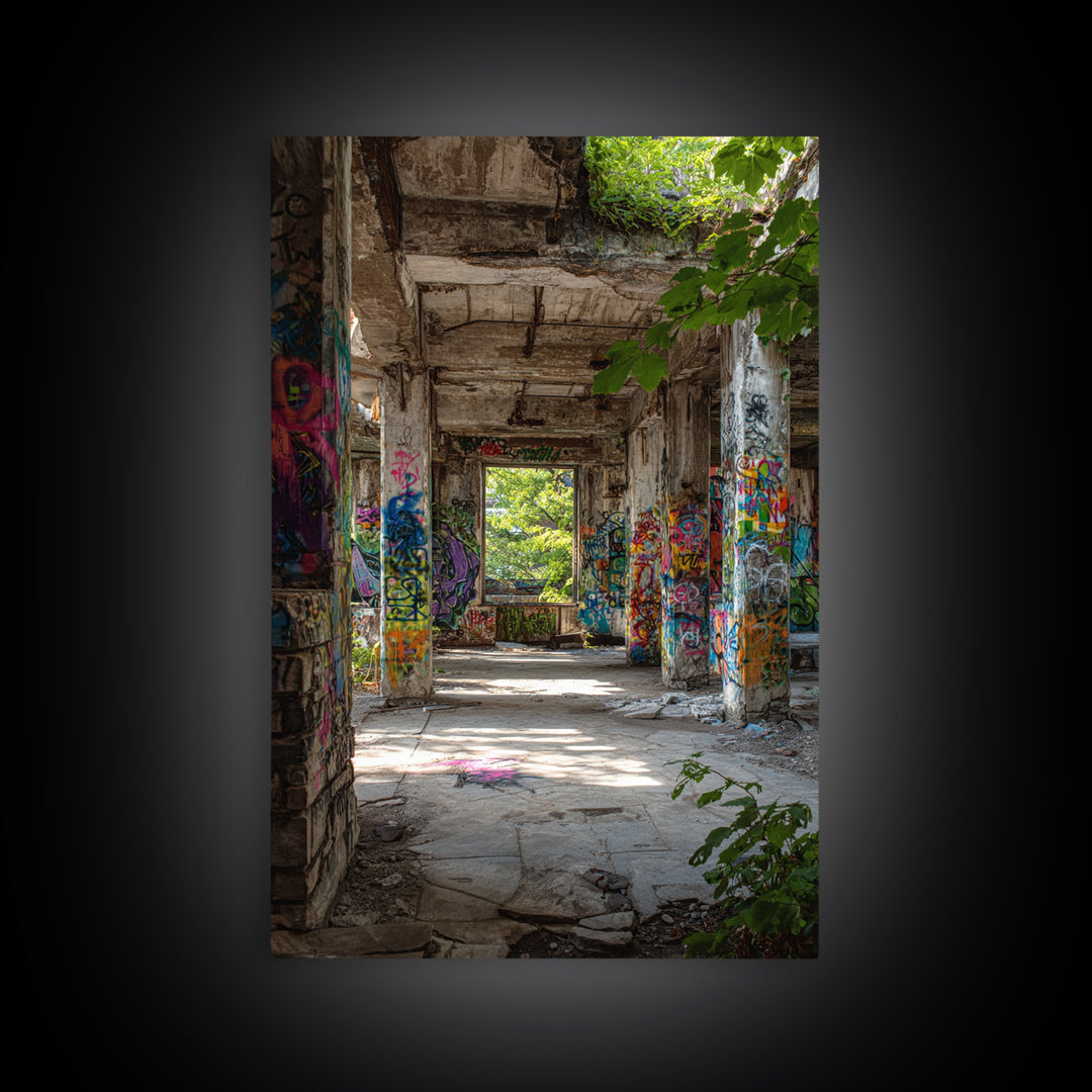 Sunlit Abandoned Graffiti Building Wall Art Urban Decay Photography Print, Industrial Office Decor For Modern Lofts Gift