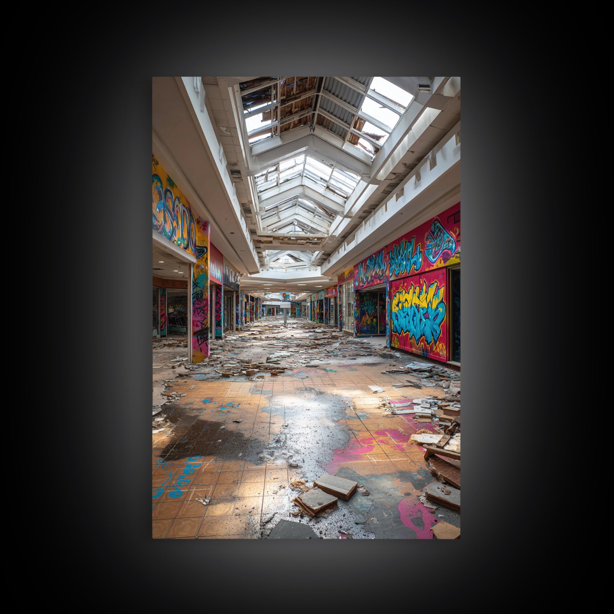 Abandoned Mall Atrium With Graffiti Wall Art Urban Decay Photography Print, Modern Industrial Decor For Loft Living Room
