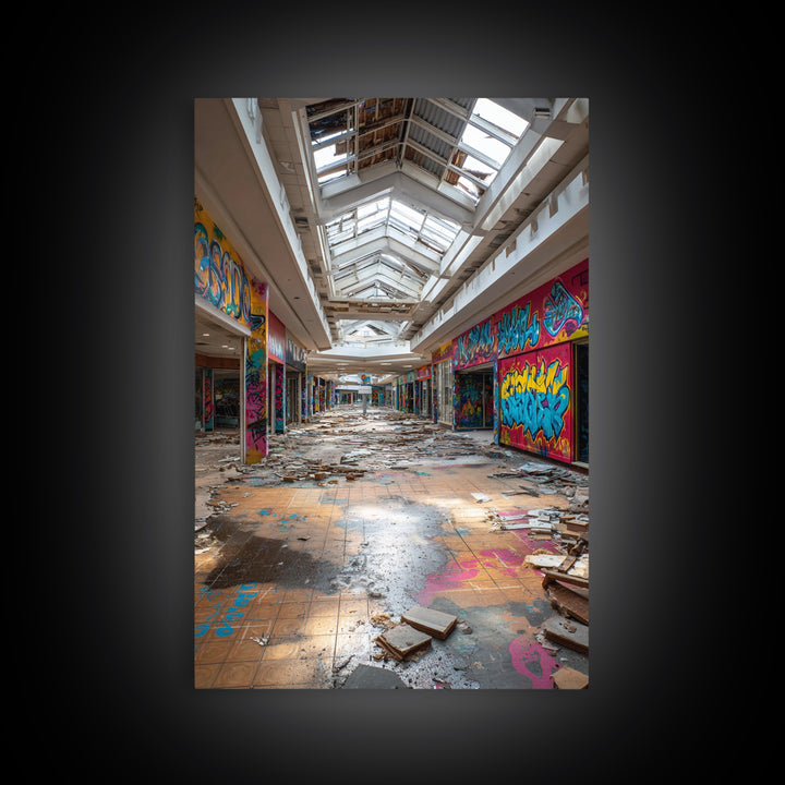 Abandoned Mall Atrium With Graffiti Wall Art Urban Decay Photography Print, Modern Industrial Decor For Loft Living Room