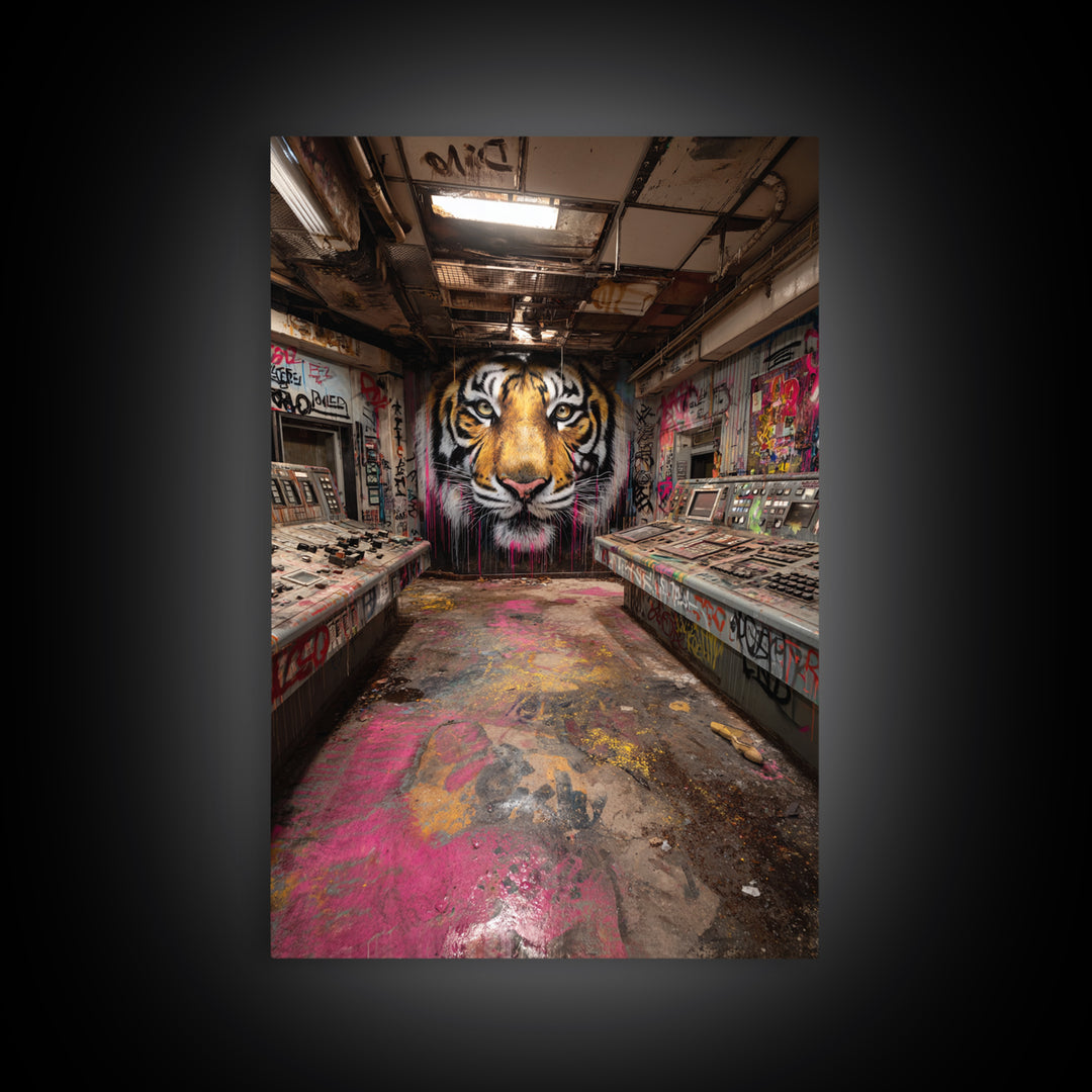 Tiger Mural In Abandoned Control Room Wall Art Urban Graffiti Canvas Print, Bold Animal Decor For Game Room Or Office Gift