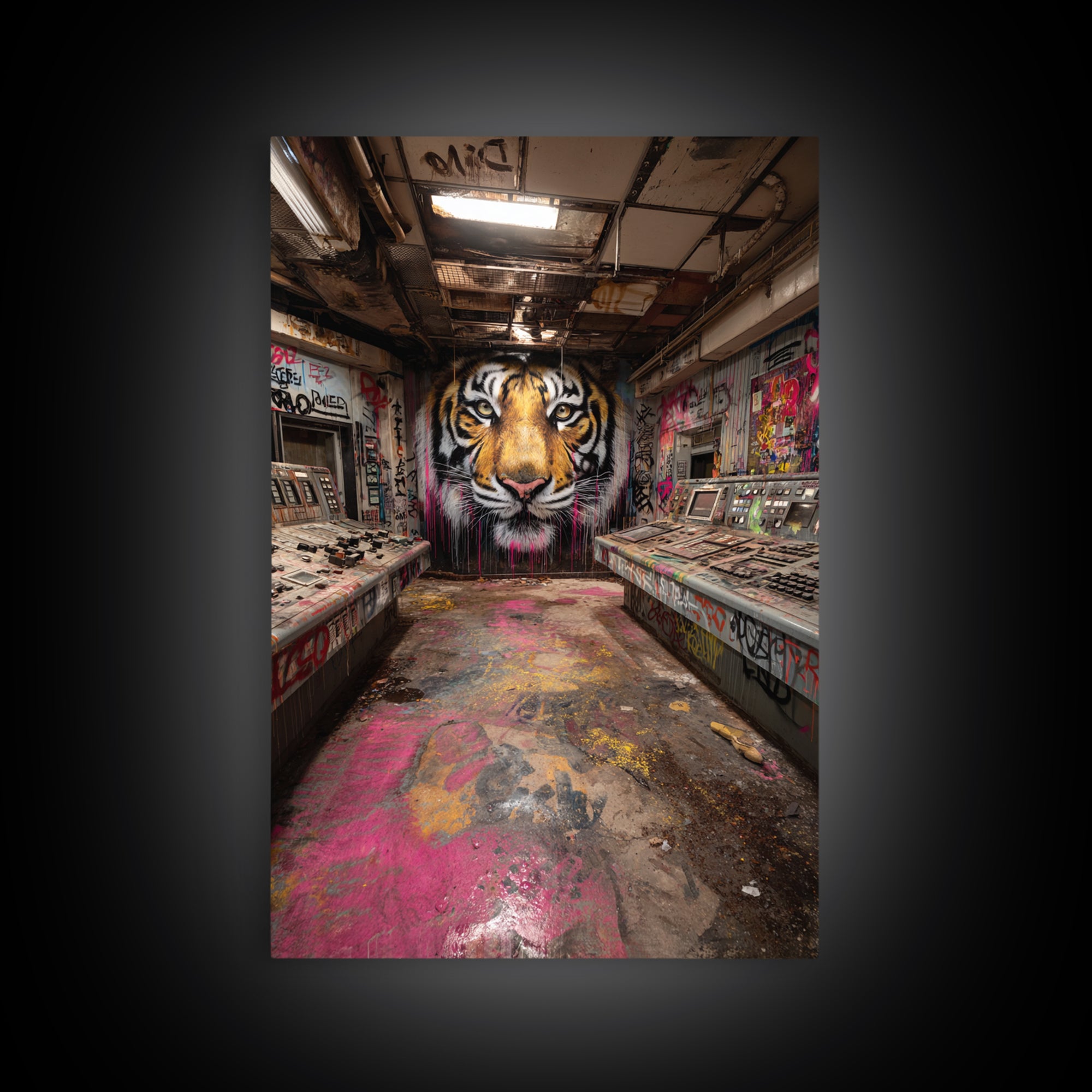 Tiger Mural In Abandoned Control Room Wall Art Urban Graffiti Canvas Print, Bold Animal Decor For Game Room Or Office Gift