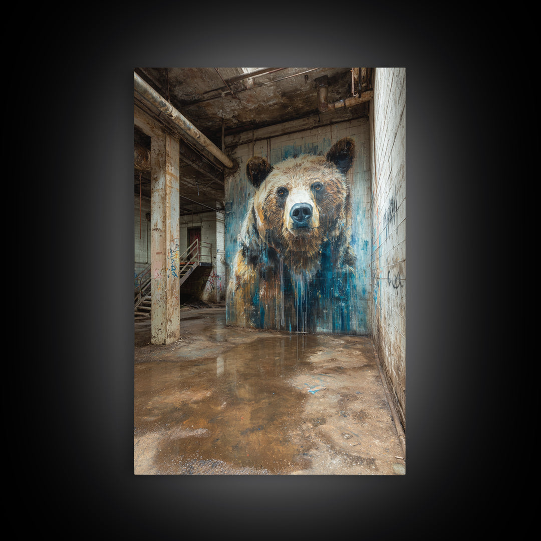 Realistic Bear Mural In Industrial Ruins Wall Art Urban Wildlife Canvas Print, Rustic Animal Decor For Cabin Or Office Gift