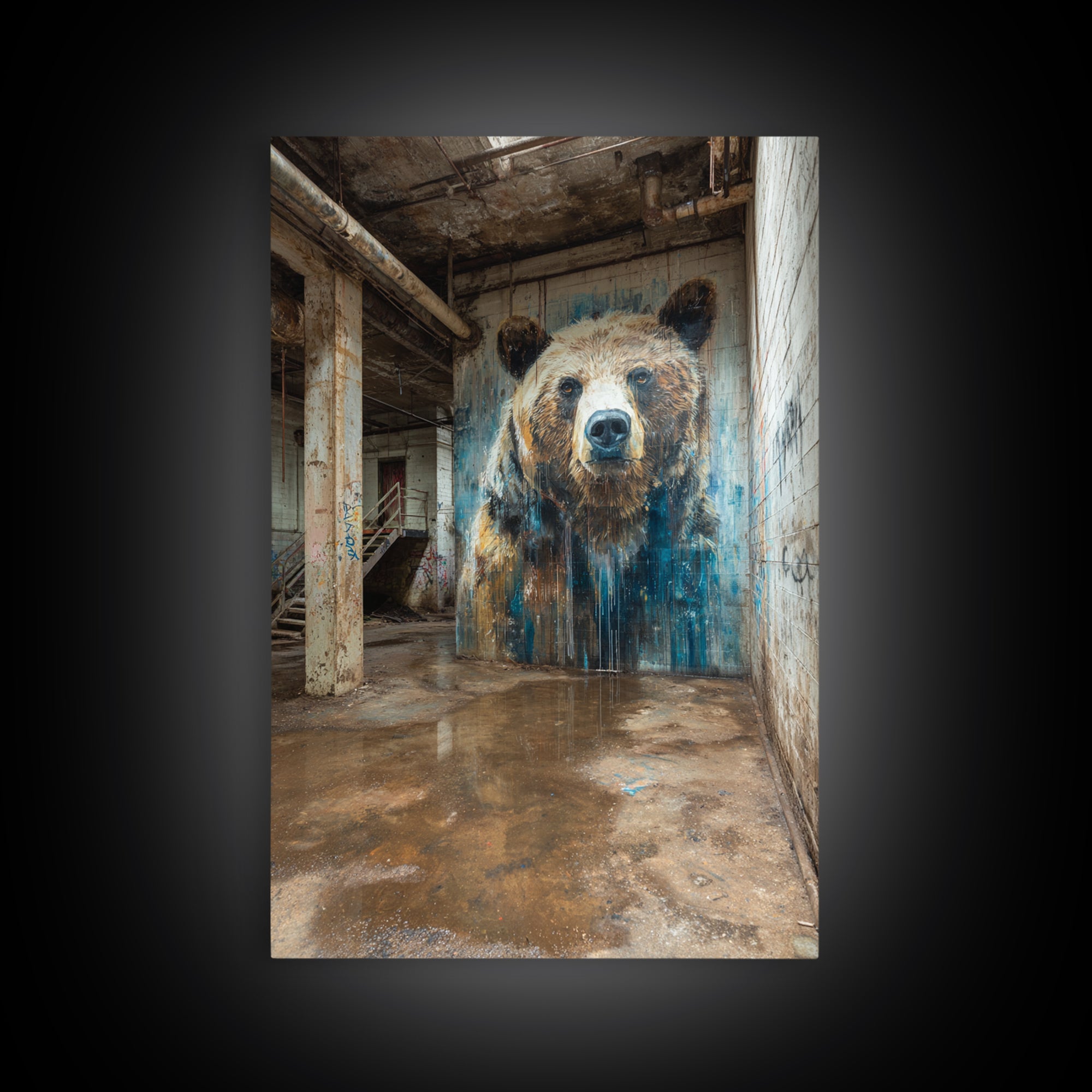 Realistic Bear Mural In Industrial Ruins Wall Art Urban Wildlife Canvas Print, Rustic Animal Decor For Cabin Or Office Gift