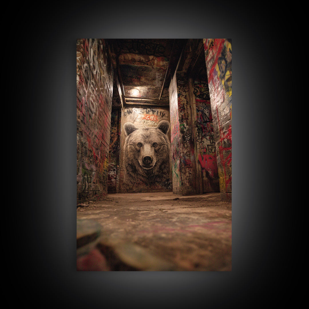 Moody Bear Portrait Graffiti Tunnel Wall Art Urban Wildlife Canvas Print, Dark Industrial Decor For Man Cave Or Office Gift