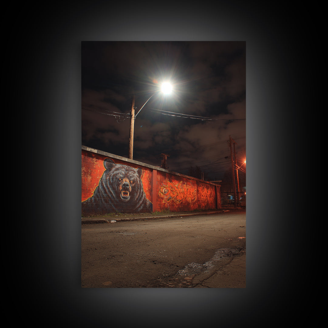 Night Street Bear Graffiti Wall Art Urban Wildlife Canvas Print, Red Brick Mural Decor For Man Cave Or Industrial Office