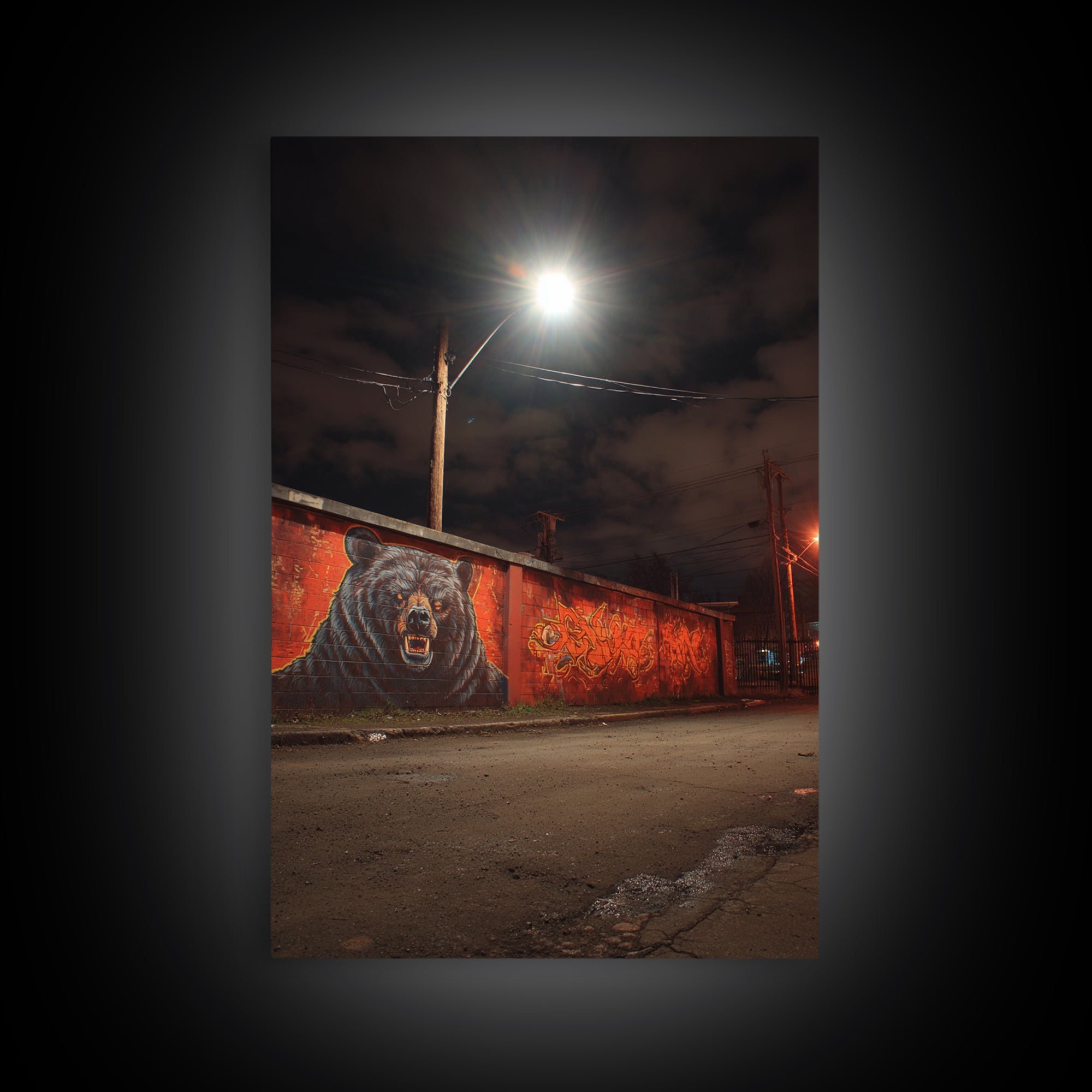 Night Street Bear Graffiti Wall Art Urban Wildlife Canvas Print, Red Brick Mural Decor For Man Cave Or Industrial Office