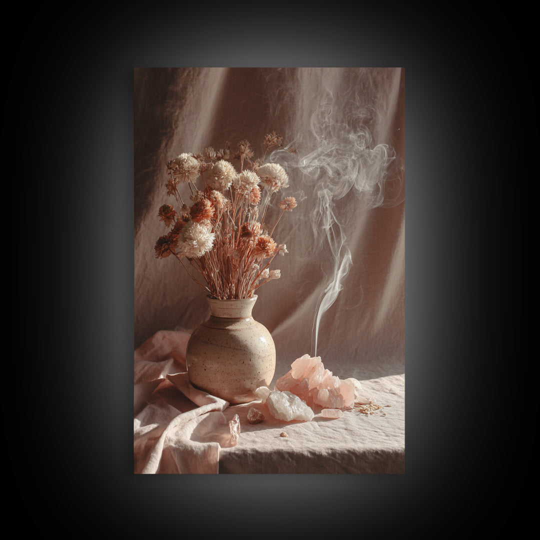 Dried Flowers With Incense Smoke Framed Canvas Print, Boho Wall Art, Rose Quartz Decor, Spiritual Bedroom Wall Decor Gift
