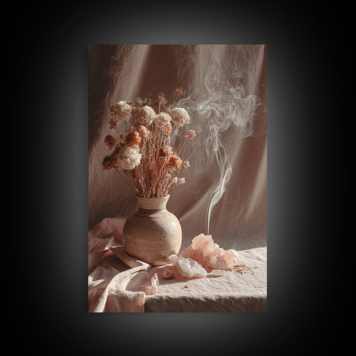 Dried Flowers With Incense Smoke Framed Canvas Print, Boho Wall Art, Rose Quartz Decor, Spiritual Bedroom Wall Decor Gift