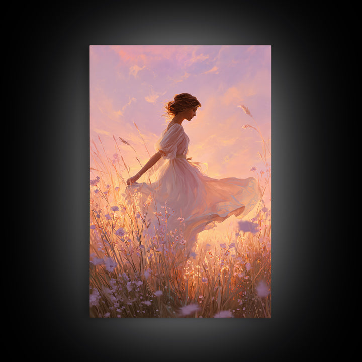 Sunset Meadow Woman In White Dress Wall Art, Romantic Wildflower Canvas Print, Feminine Bedroom Decor, Living Room Decor, Gift For Her