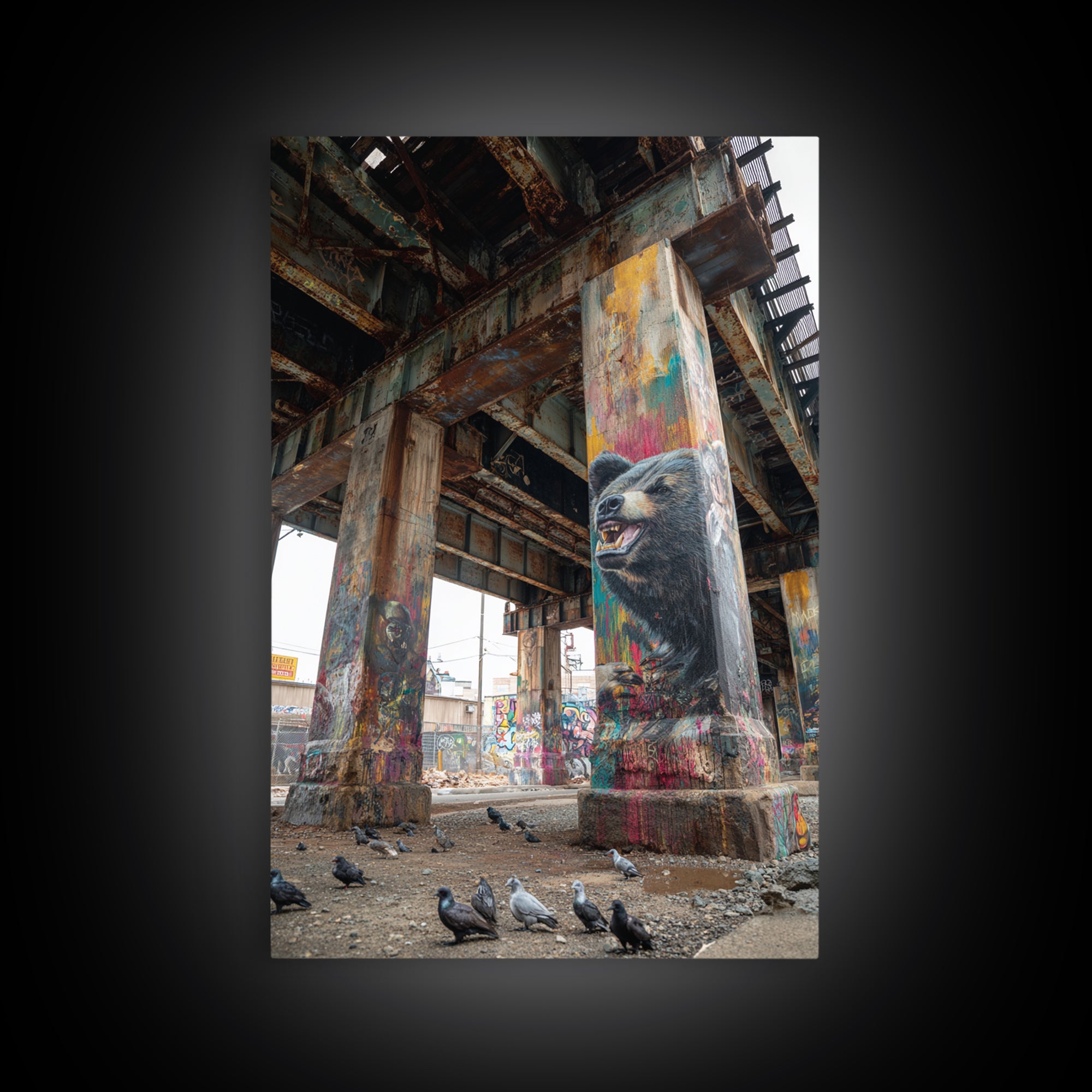 Vibrant Street Art Bear On Grungy Urban Pillar Graffiti Wall Painting Framed Canvas Print Trendy Wall Art