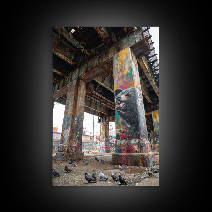 Vibrant Street Art Bear On Grungy Urban Pillar Graffiti Wall Painting Framed Canvas Print Trendy Wall Art