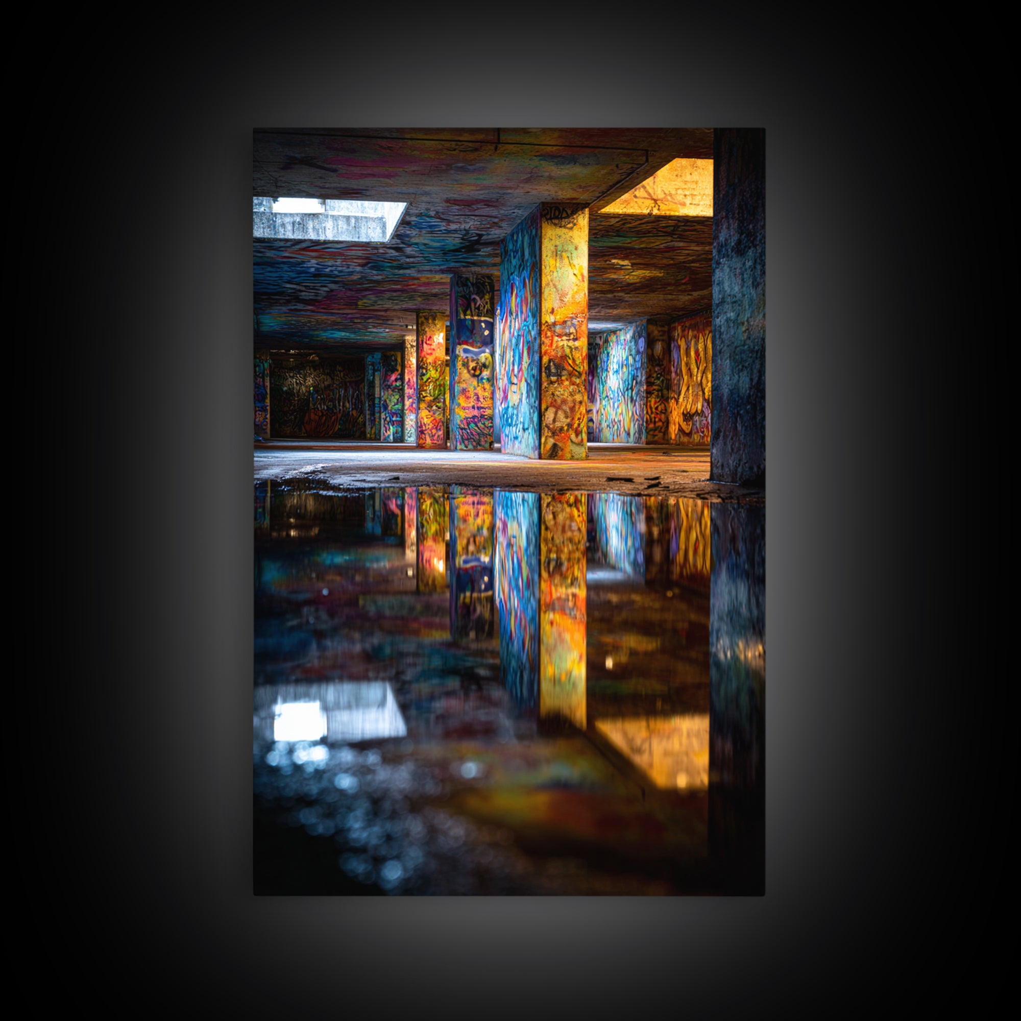 Colorful Graffiti Art With Reflections In Urban Underground Tunnel Wall Art Framed Canvas Print