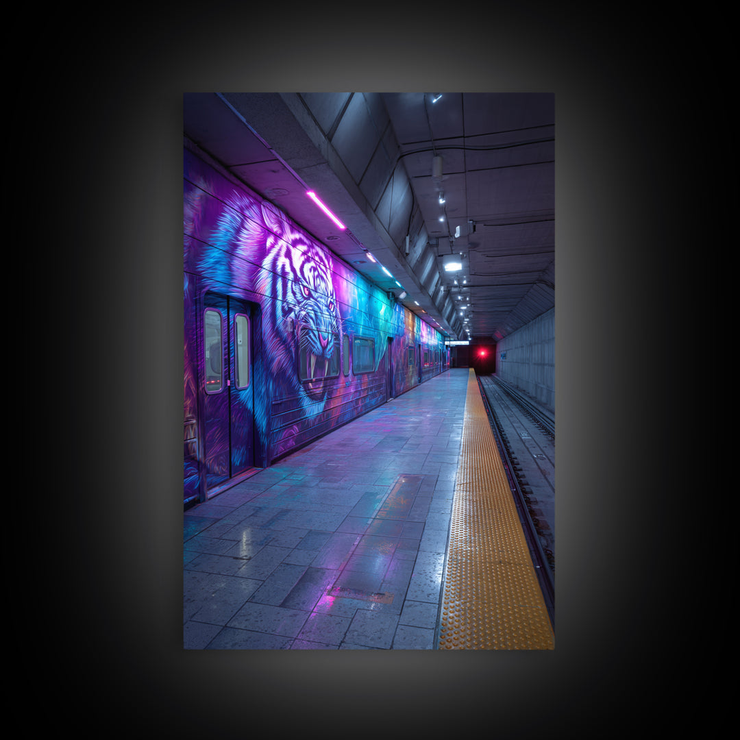 Vibrant Street Art Subway Train With Colorful Tiger Graffiti Framed Canvas Print Urban Wall Art For Modern Home
