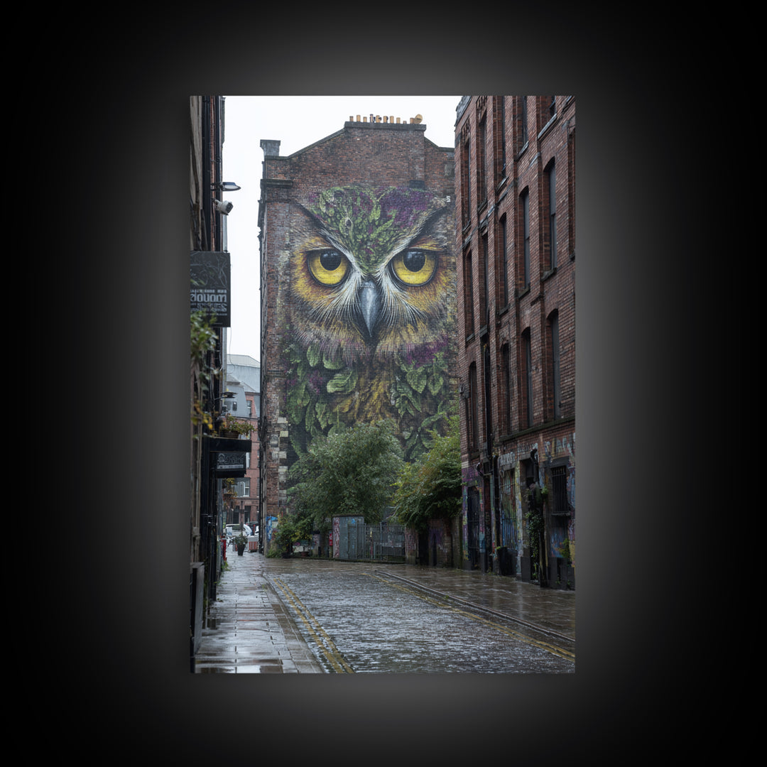 Large Vibrant Owl Mural Painted On Brick Building Wall In City Street - Original Wall Art Canvas Print For Urban Decor