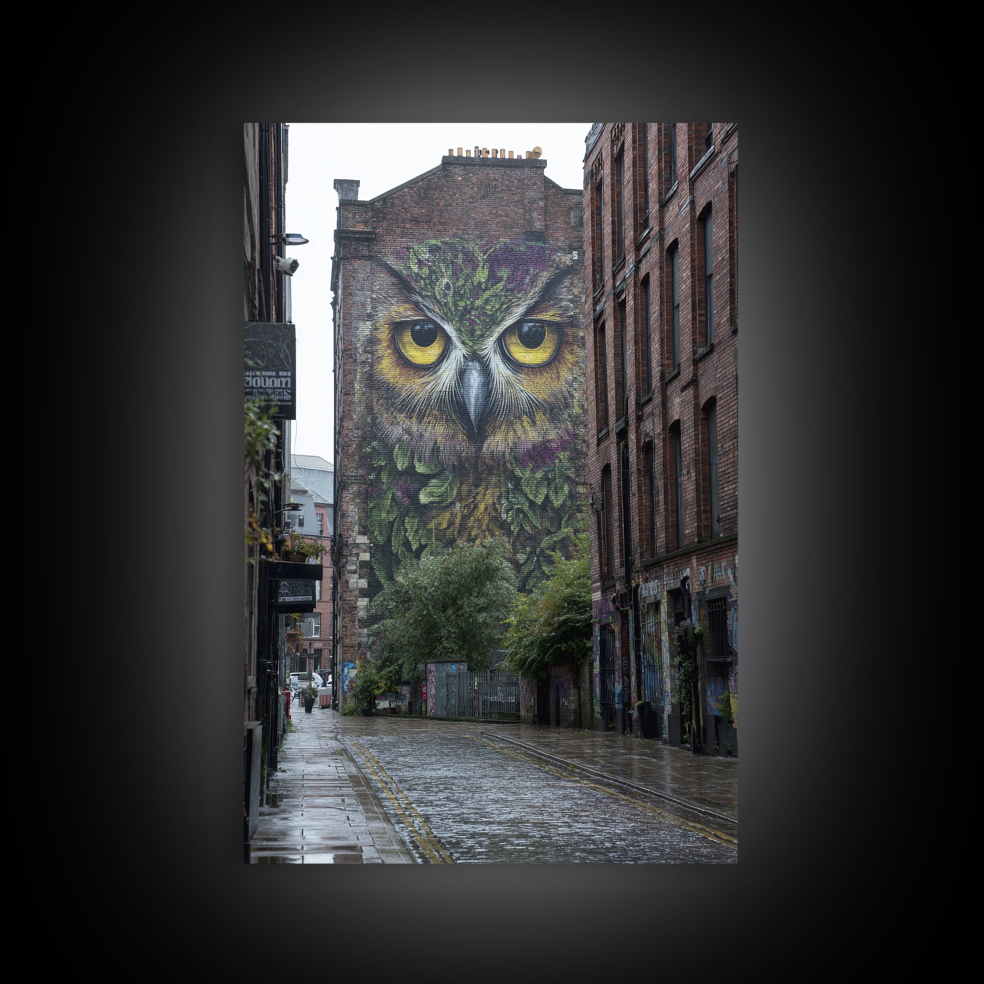 Large Vibrant Owl Mural Painted On Brick Building Wall In City Street - Original Wall Art Canvas Print For Urban Decor