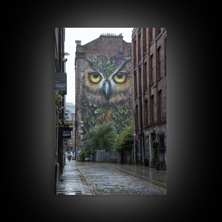 Large Vibrant Owl Mural Painted On Brick Building Wall In City Street - Original Wall Art Canvas Print For Urban Decor