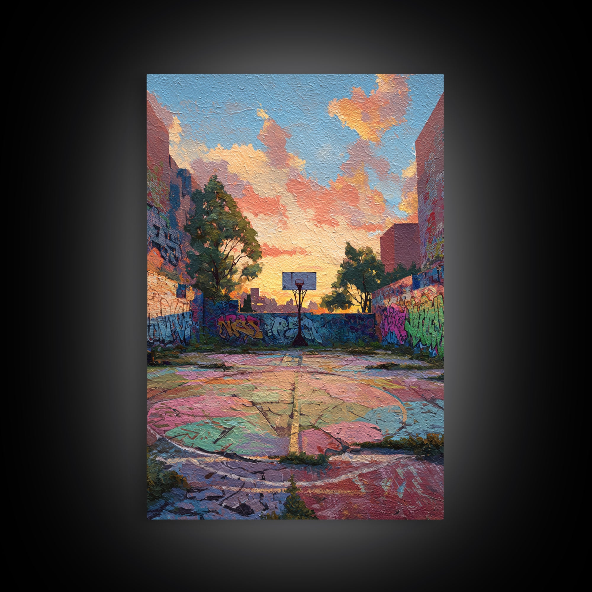 Urban Graffiti Basketball Court Sunset Colorful Street Art Canvas Print Vibrant Wall Art For Modern Living Room