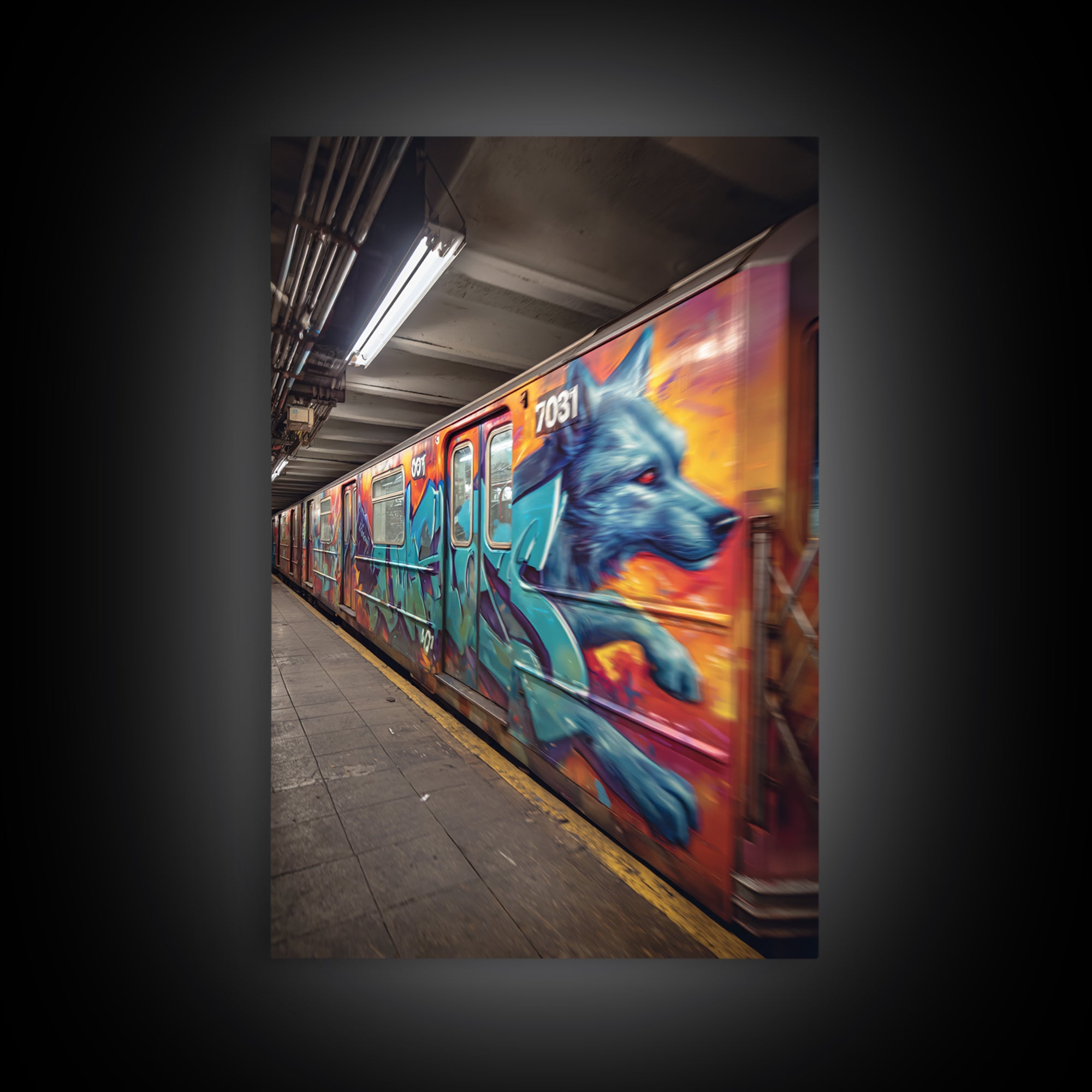 Graffiti Art Subway Train With Blue Dog Design Urban Street Art Canvas Print For Unique Contemporary Wall Decor