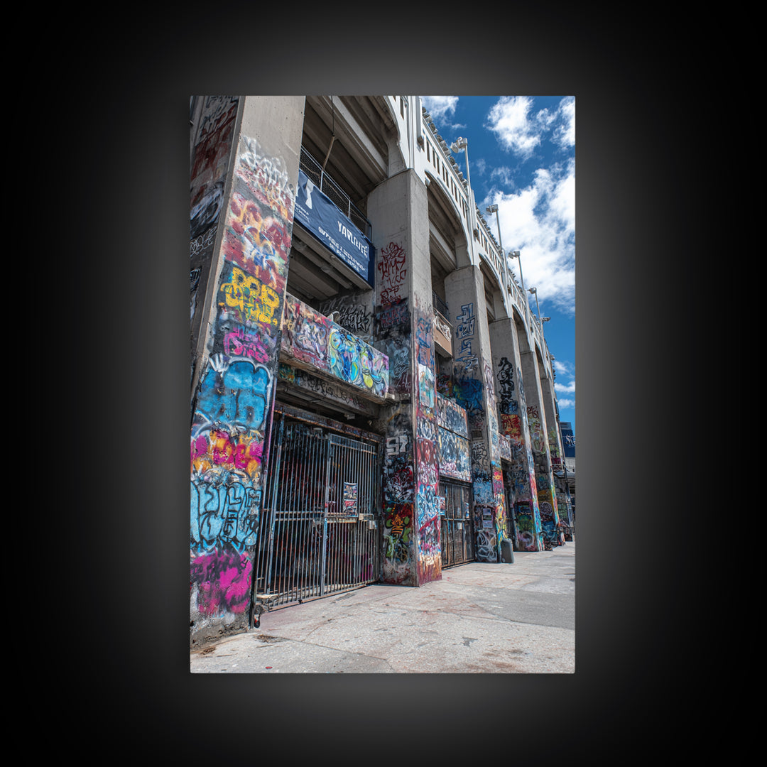 Abandoned Urban Street Art Graffiti Wall With Blue Sky | Vibrant Modern Wall Art Print For Home Decor Framed Canvas Print
