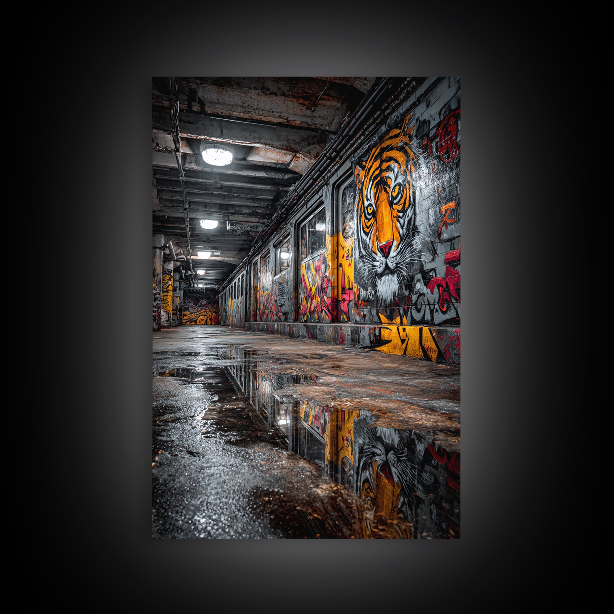 Urban Subway Corridor With Tiger Graffiti Art Moody Street Art Wall Decor - Canvas Print For Industrial Loft And Urban Spaces