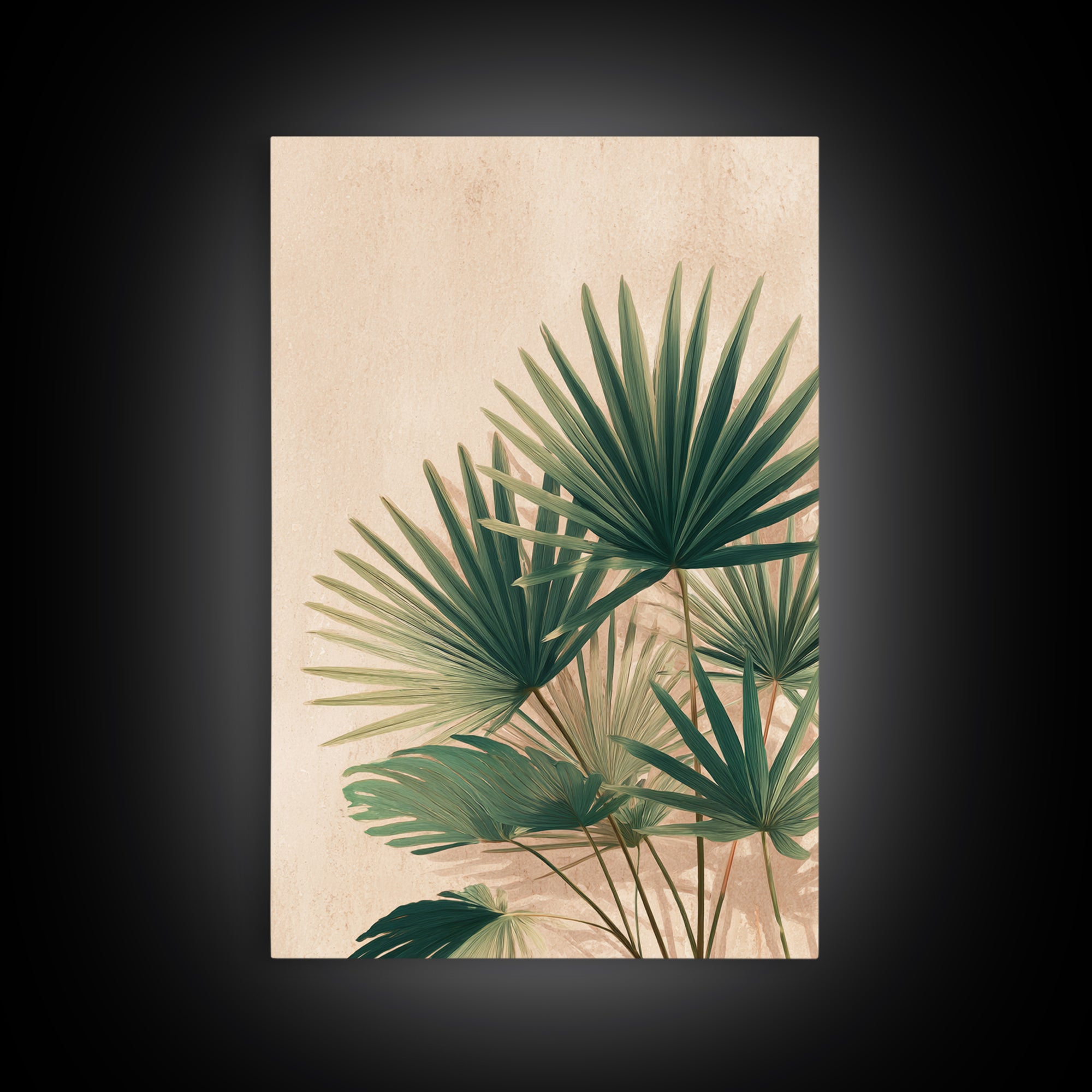 Green Fan Palm Botanical Wall Art, Tropical Leaf Canvas Print, Coastal Boho Living Room Decor, Large Nature Inspired Art
