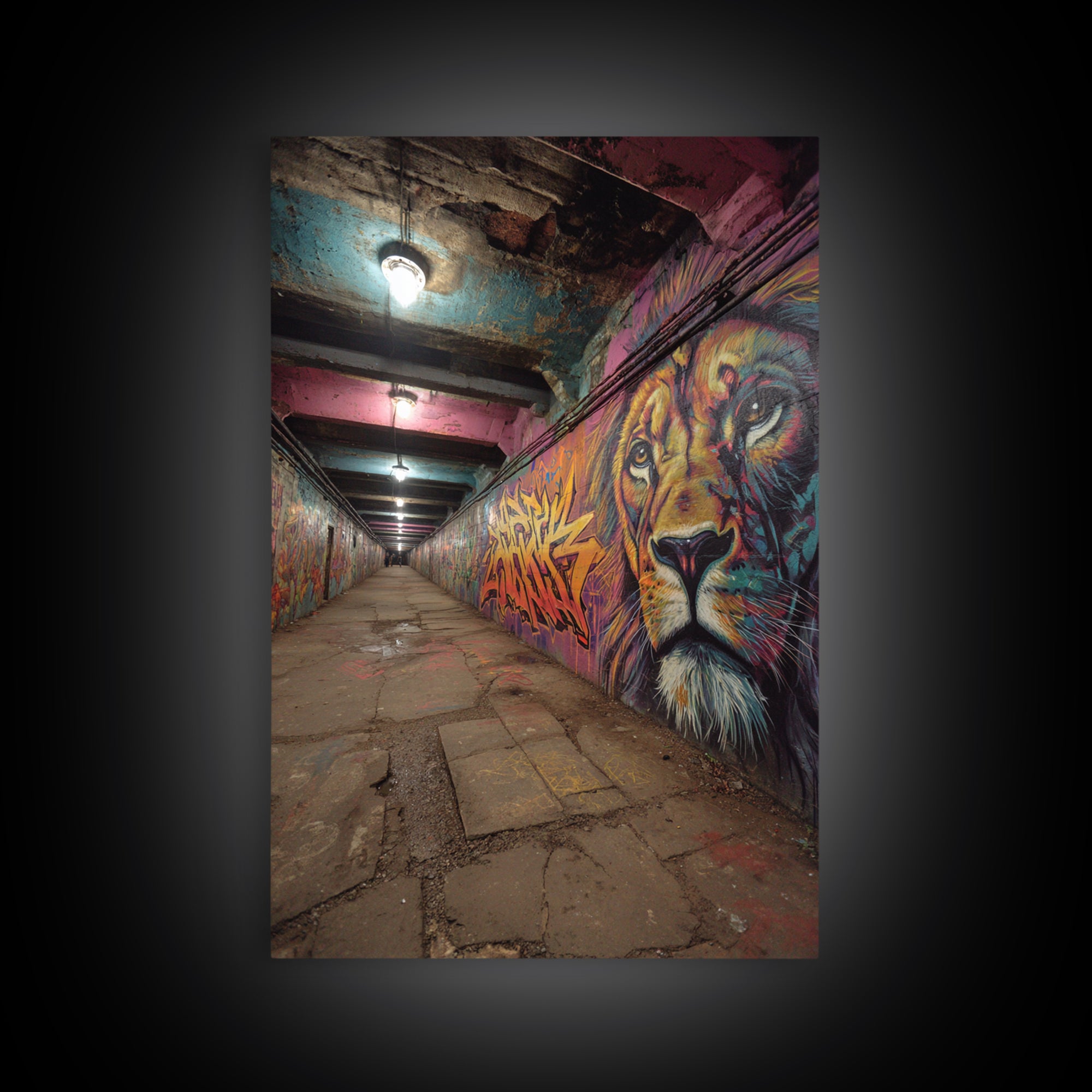 Urban Subway Tunnel Animal Graffiti Wall Art Colorful Lion Mural Framed Canvas Print For Street Art Lovers And Man Cave