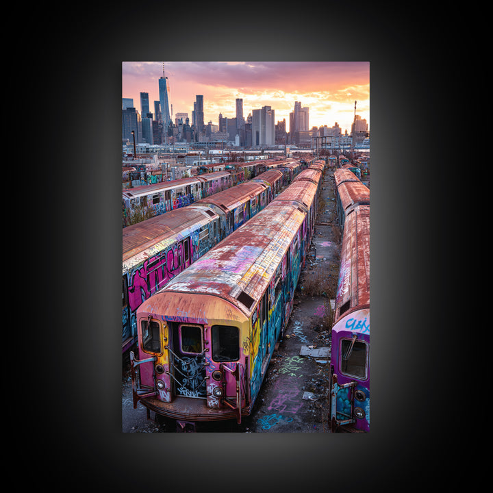 Abandoned Graffiti Covered Subway Trains Cityscape Urban Wall Art Print | Modern Wall Art Home Decor Gift For Him