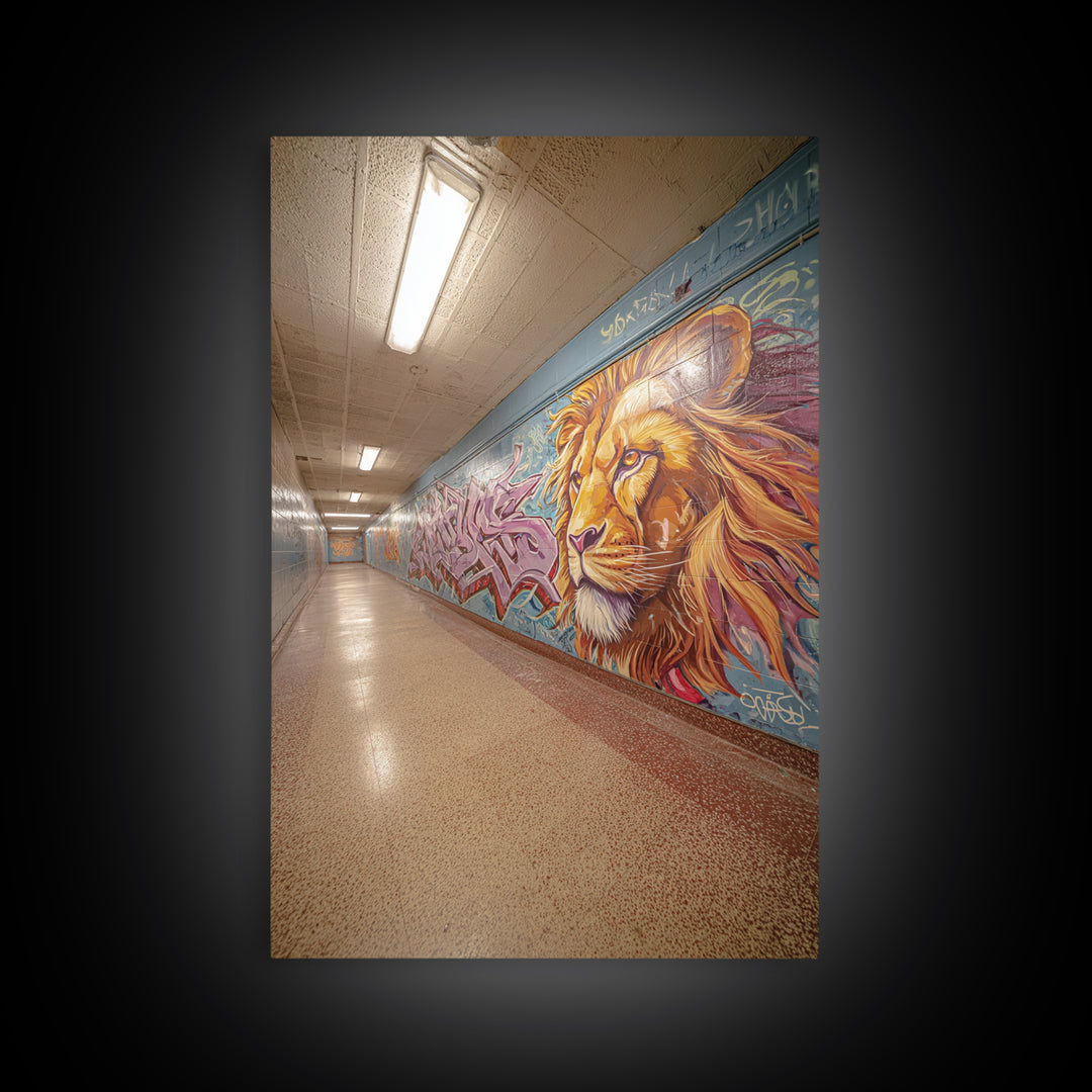 Artistic Lion Mural In City Tunnel Hallway Urban Street Art Decor | Vibrant Wall Art Print For Home Or Office Framed Canvas