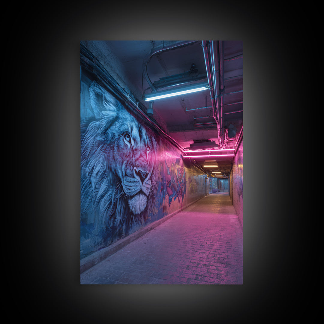 Vibrant Neon Alleyway Street Art With Majestic Lion Mural Wall Art Framed Canvas Print For Urban Home Decor