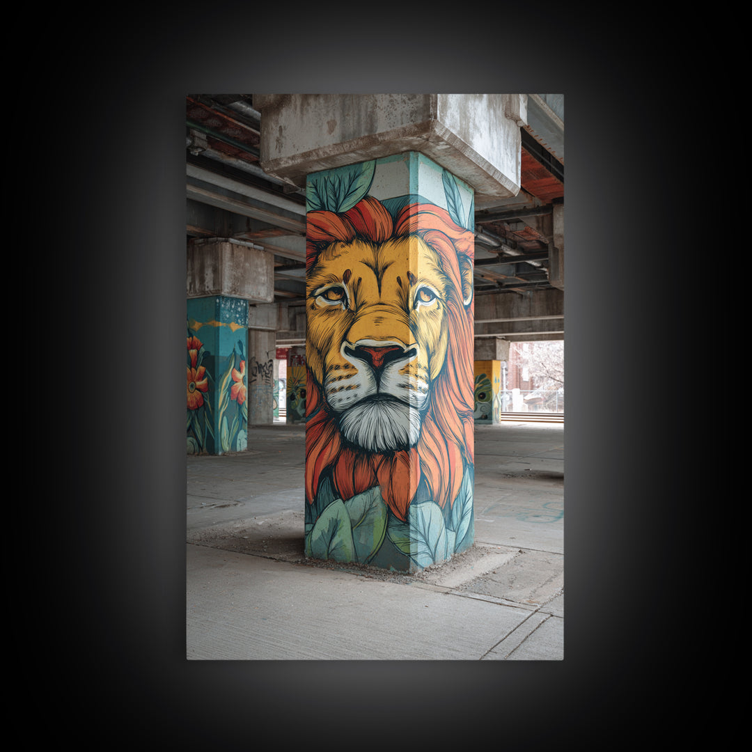 Majestic Lion Mural Painted On Concrete Pillar Urban Wall Art Framed Canvas Print For Unique Decor