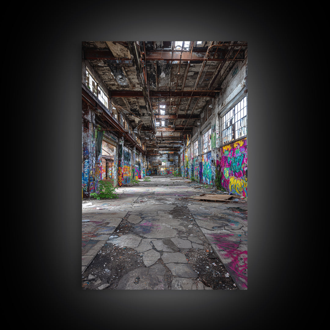 Vibrant Urban Graffiti In Abandoned Warehouse Wall Art Decor Framed Canvas Print For Modern Home Decor