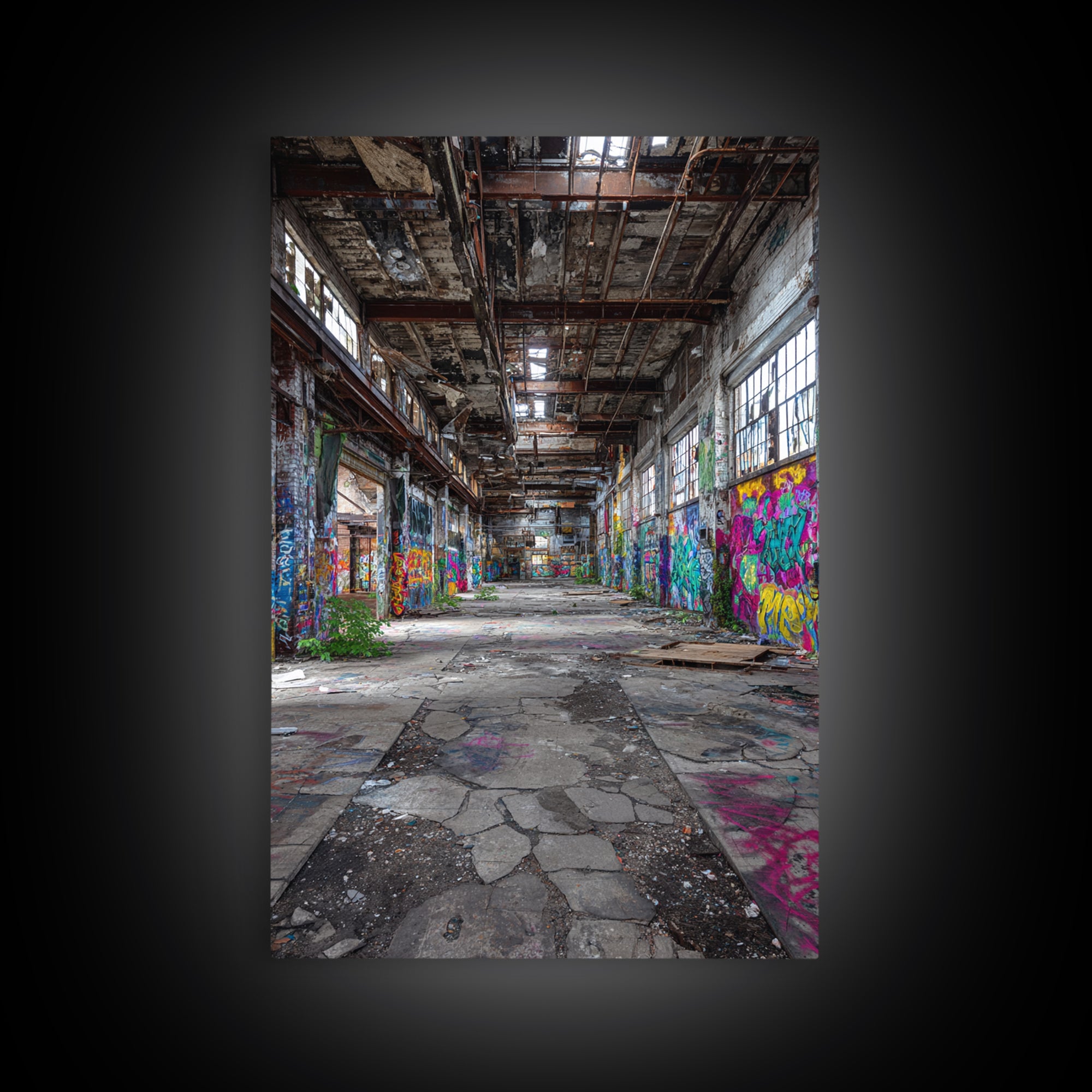 Vibrant Urban Graffiti In Abandoned Warehouse Wall Art Decor Framed Canvas Print For Modern Home Decor