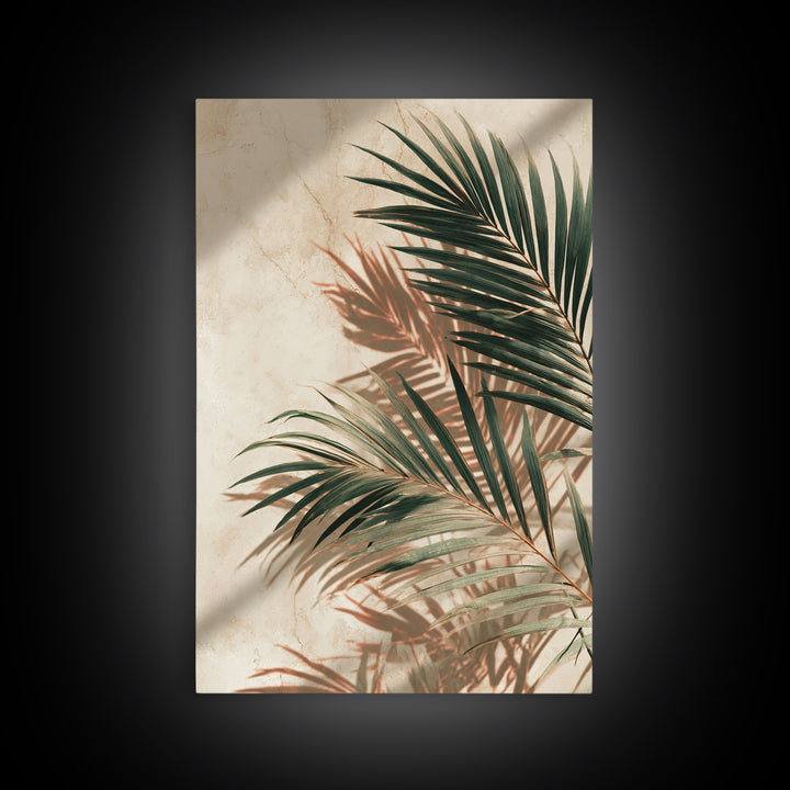 Palm Frond Shadow Botanical Wall Art, Tropical Leaf Canvas Print, Coastal Beige Modern Home Decor For Living Room Bedroom Wall Decor