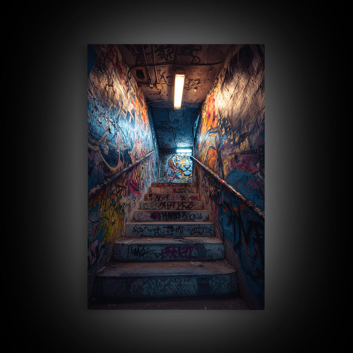 Urban Graffiti Stairwell With Vibrant Street Art Mural And Neon Lights Canvas Print Modern Wall Art For Home Decor And Office