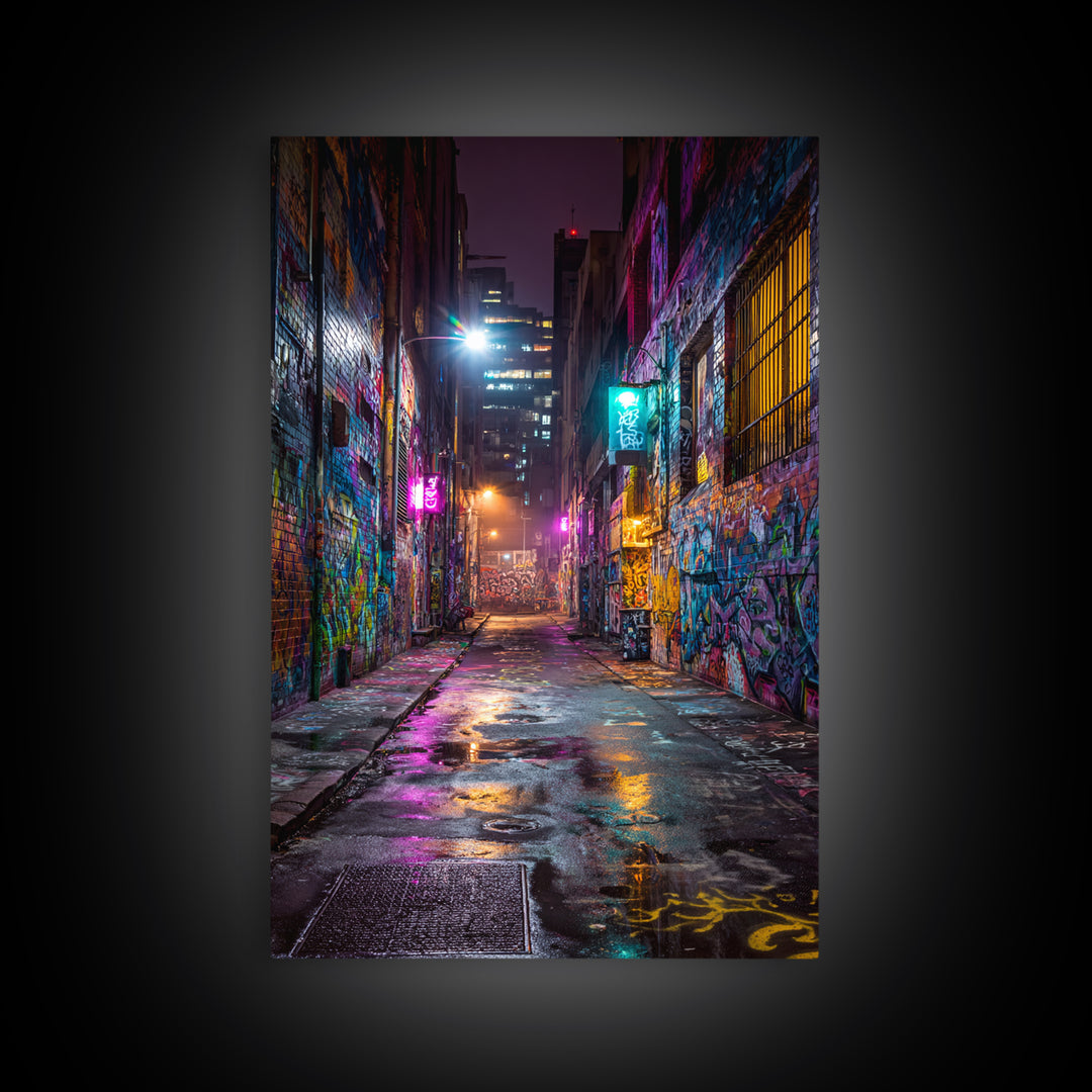 Neon Lit Graffiti Covered Alleyway Night Scene Urban Wall Art Modern Canvas Print For Eclectic Home And Office Decor