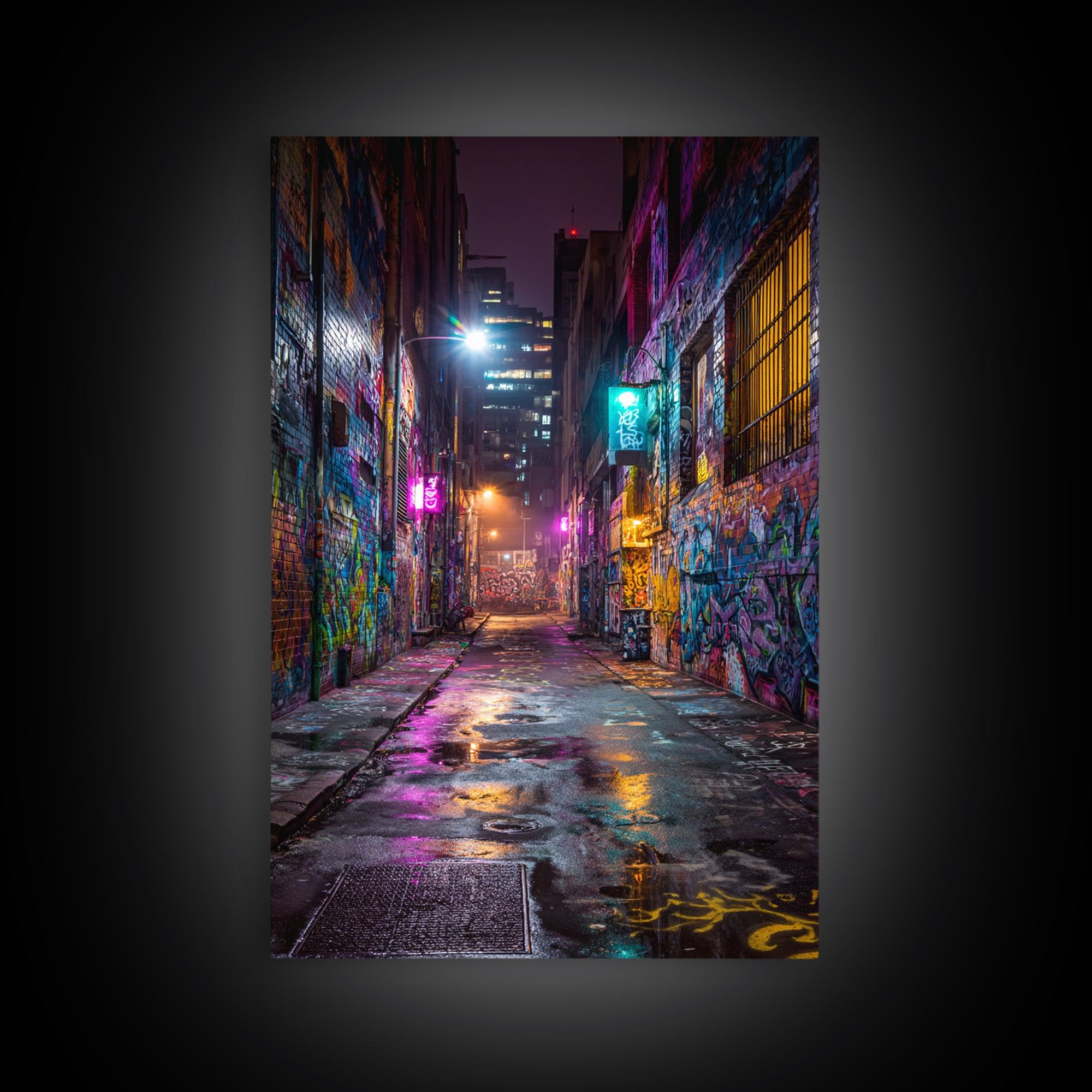 Neon Lit Graffiti Covered Alleyway Night Scene Urban Wall Art Modern Canvas Print For Eclectic Home And Office Decor