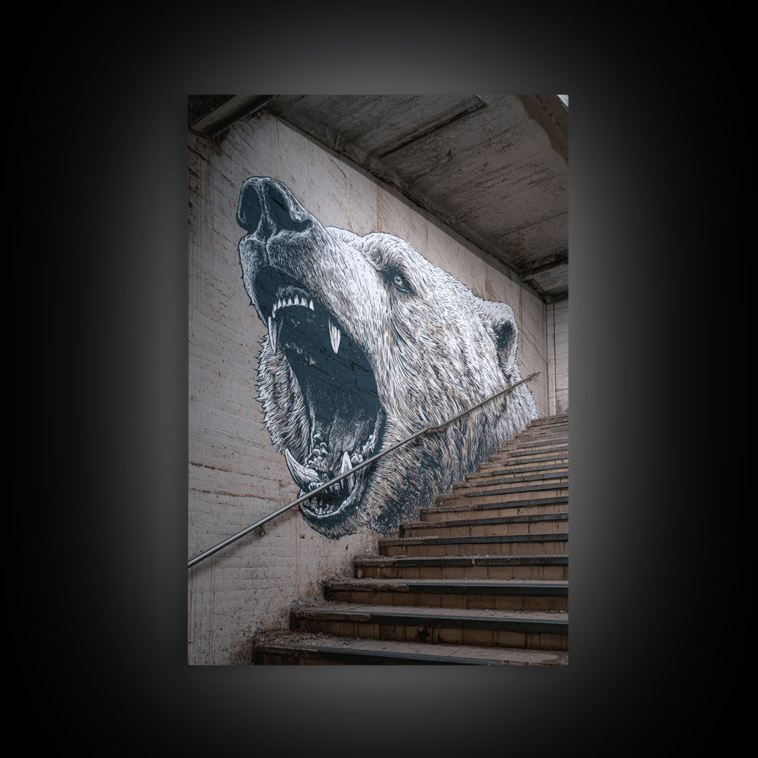Striking Bear Mural Street Art On Staircase Wall Art Urban Canvas Print Vibrant Outdoor Wall Decor
