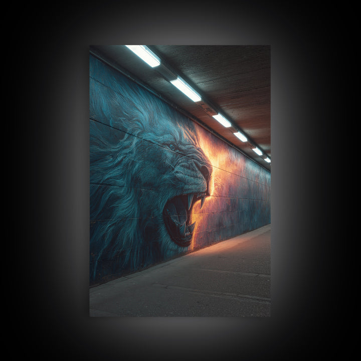 Roaring Lion Graffiti Street Art Mural With Dramatic Lighting Urban Wall Art Canvas Print
