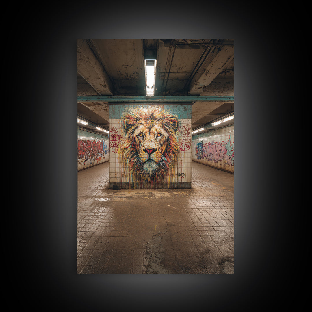 Powerful Lion Portrait Street Art Mural In Urban Tunnel Photography Wall Art Canvas Print For Bold Home Decor