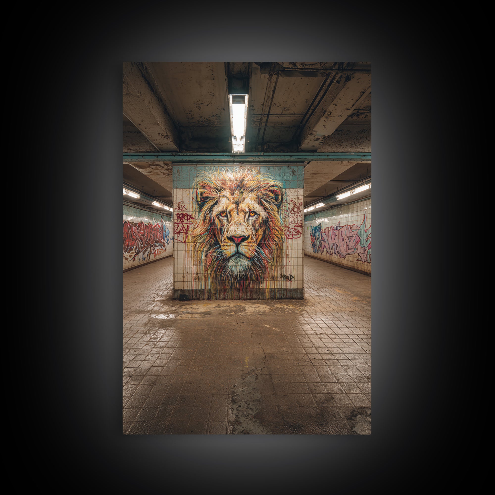 Powerful Lion Portrait Street Art Mural In Urban Tunnel Photography Wall Art Canvas Print For Bold Home Decor