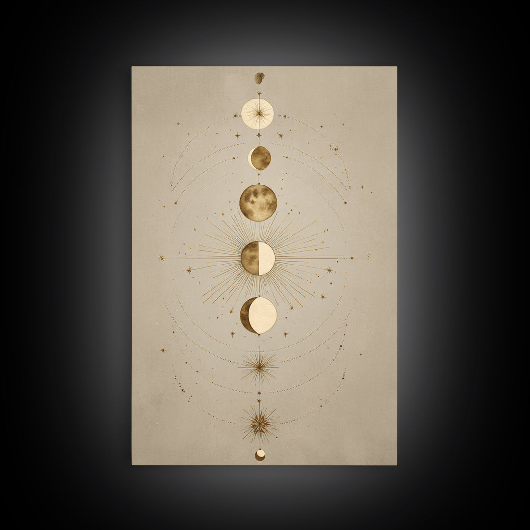 Gold Moon Phases Celestial Wall Art, Mystical Astrology Canvas Print, Boho Lunar Decor For Bedroom Or Meditation Room Decor