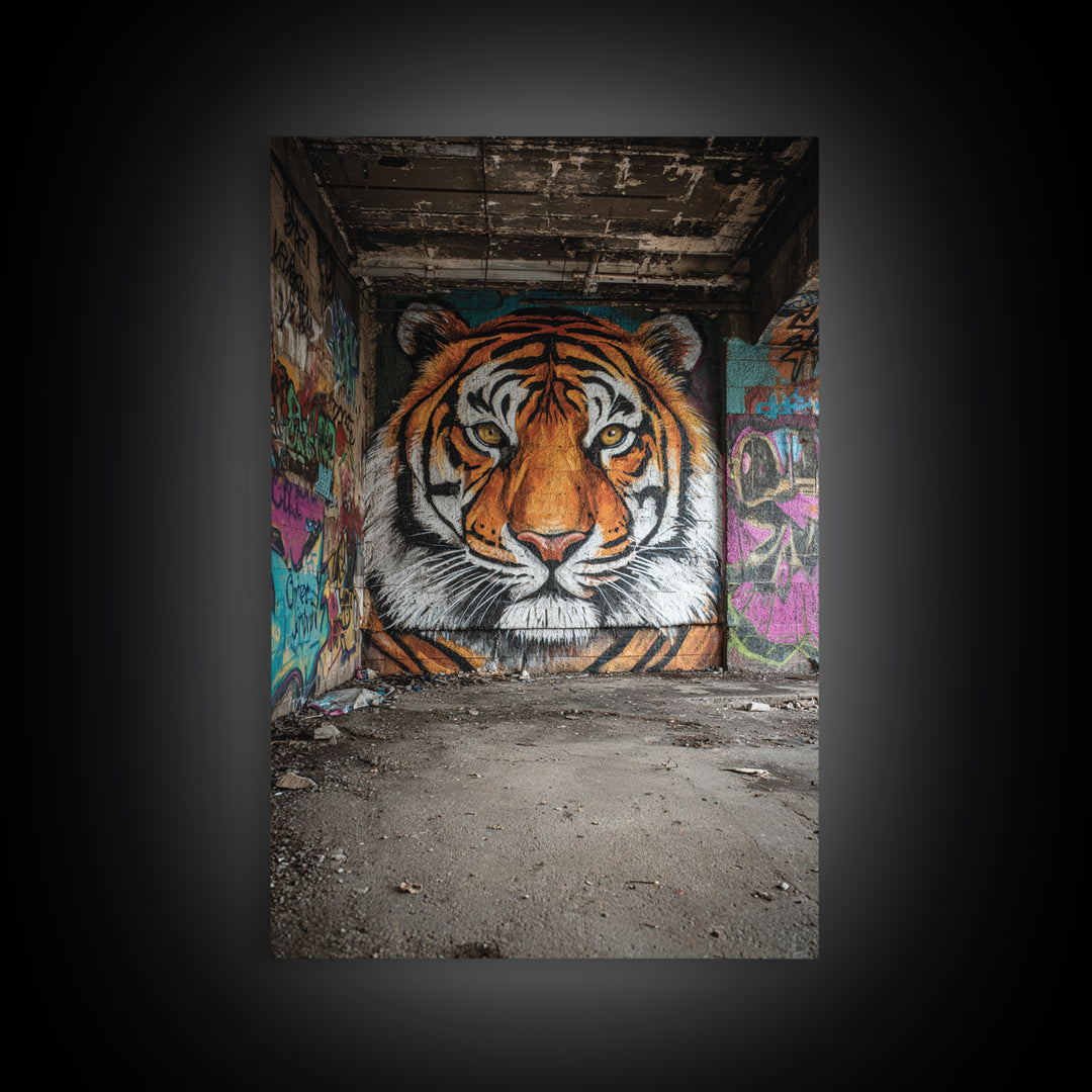 Vibrant Tiger Mural Street Art Urban Wall Art Perfect Framed Canvas Print For Eclectic Living Room Decor Or Gift