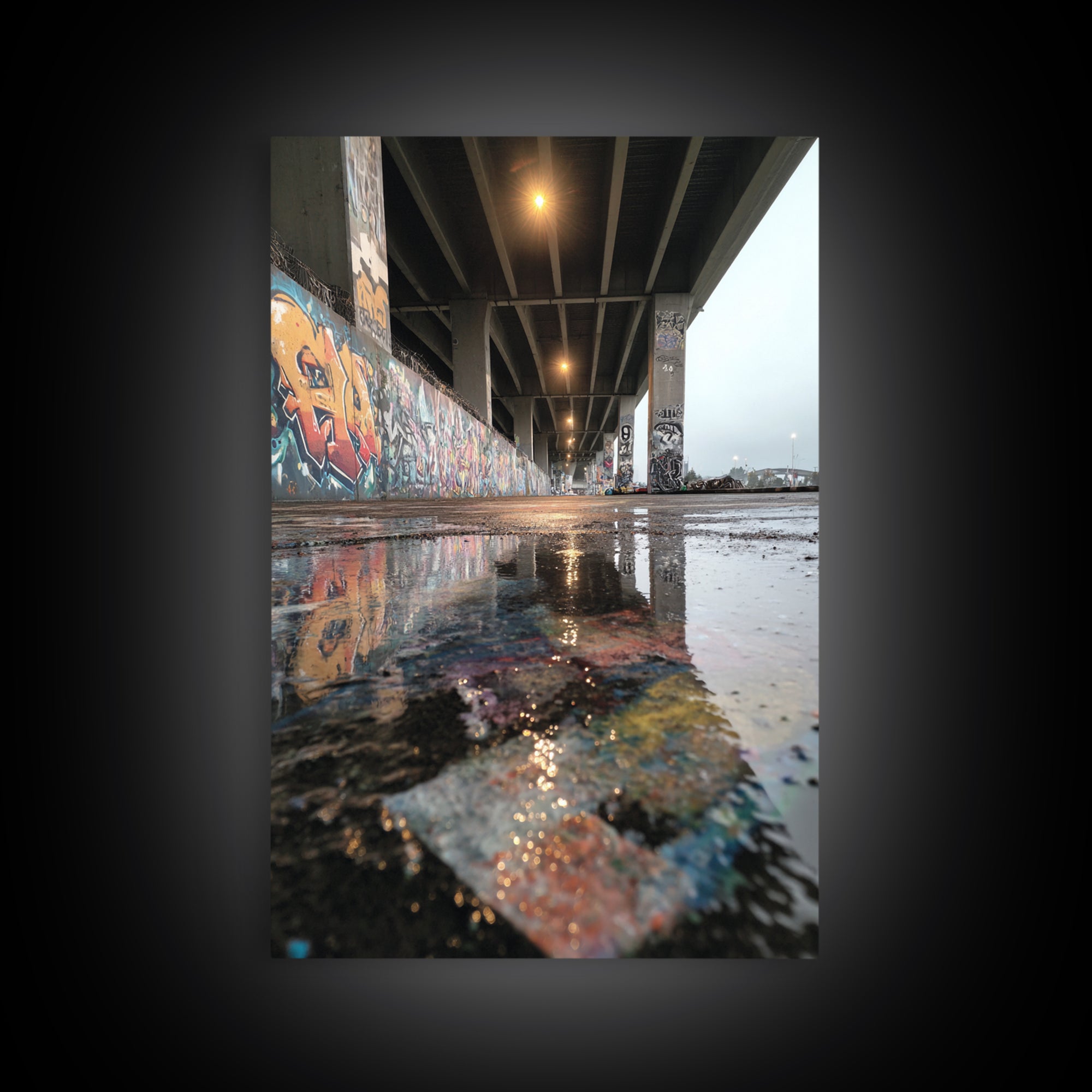 Urban Street Art Graffiti Under Bridge Reflected In Water Puddles Downtown Photographic Wall Art