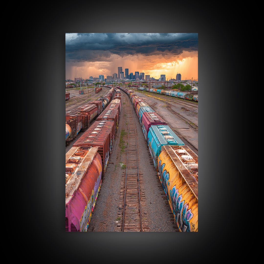Train Yard Industrial Landscape With Rusty Graffiti Paintings | Contemporary Wall Art Urban Decor Framed Canvas Print