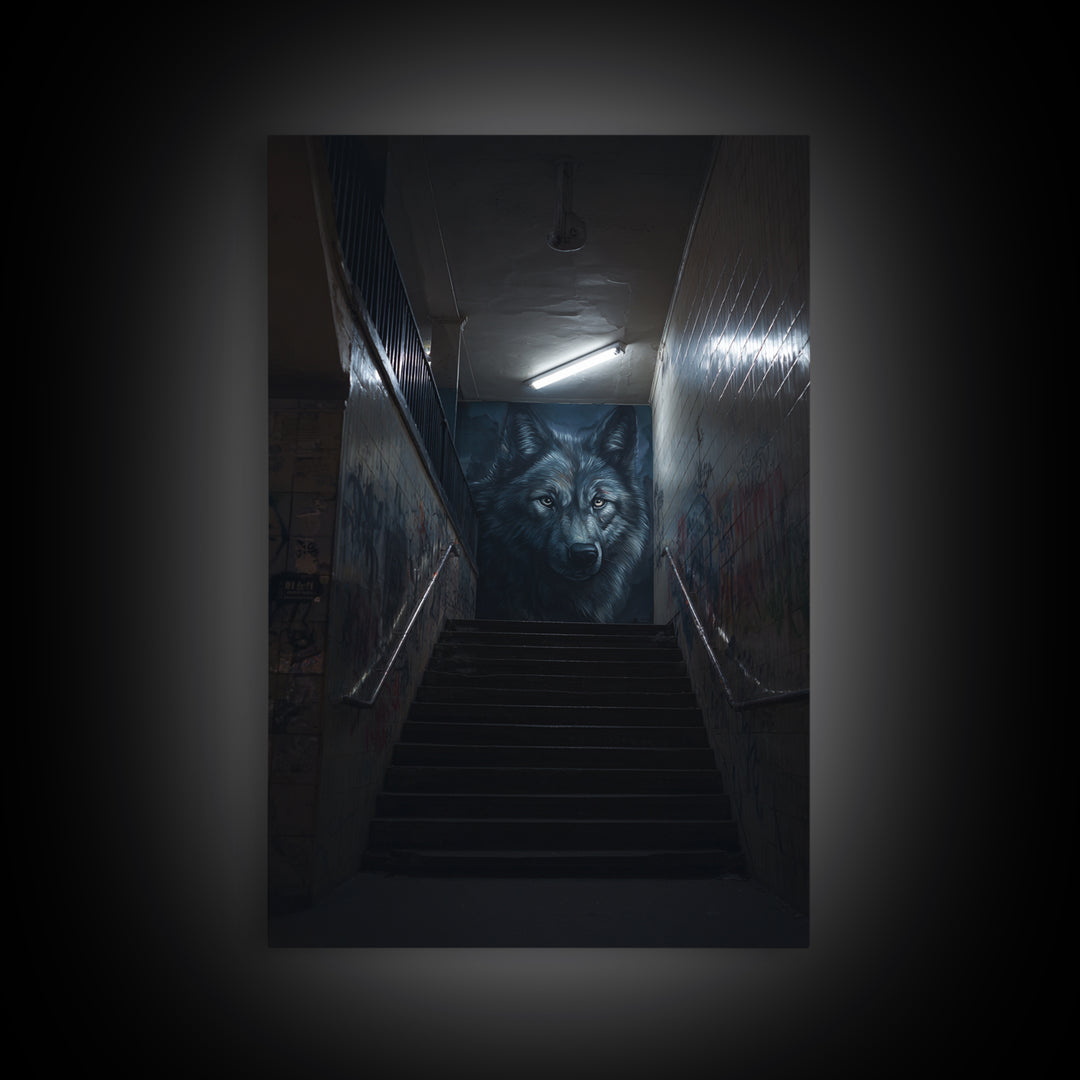 Urban Graffiti Alleyway With Detailed Wolf Mural Street Art Canvas Print Wall Art For Modern Living Room And Office Wall Decor